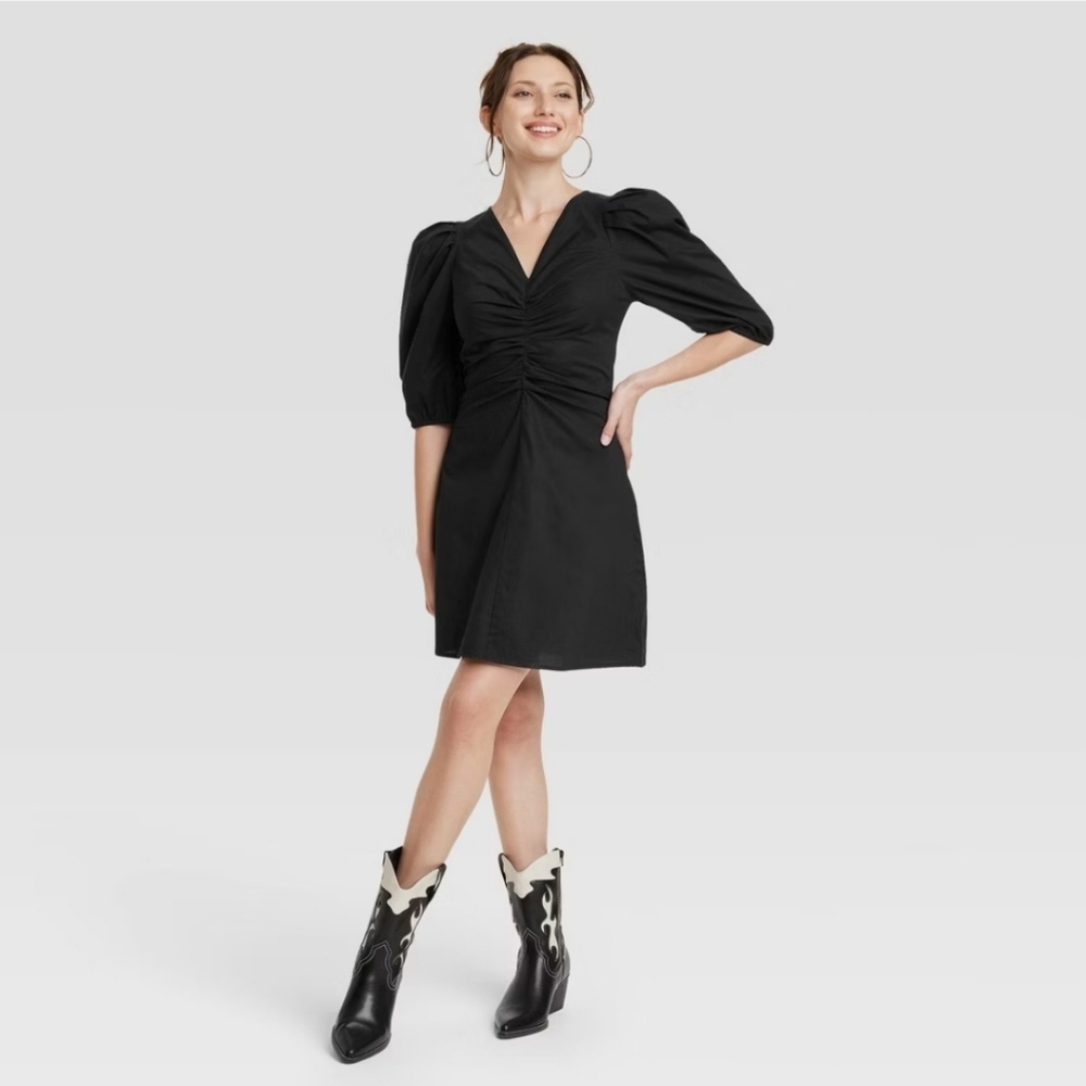 NWT Universal Thread Women's Elbow Puff Sleeve Ruched V-Neck Mini Dress size 6 - Picture 2 of 8